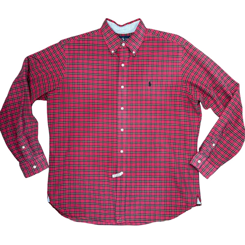 Ralph‎ Lauren Shirt L Classic Fit Tartan Plaid Button Down Red Yellow Navy